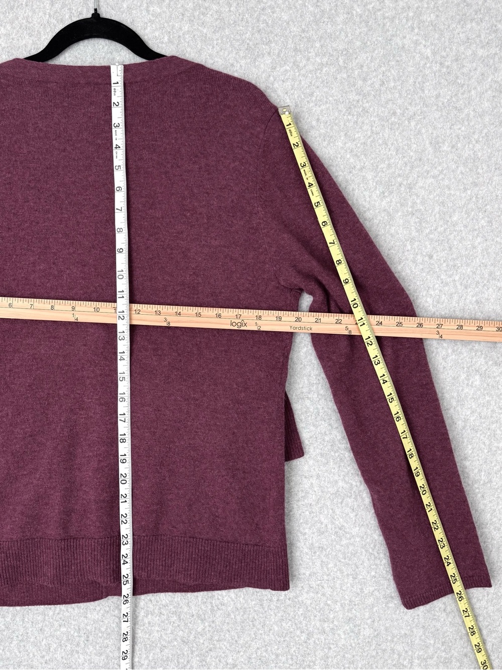 Garnet Hill Cardigan Sweater Large Burgundy Purple Red Wool V-neck Ruffle Front - Picture 14 of 15